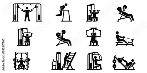 Gym equipment icons set, fitness workout machine pictograms, 12 black vector silhouettes of people training in a health club or bodybuilding center