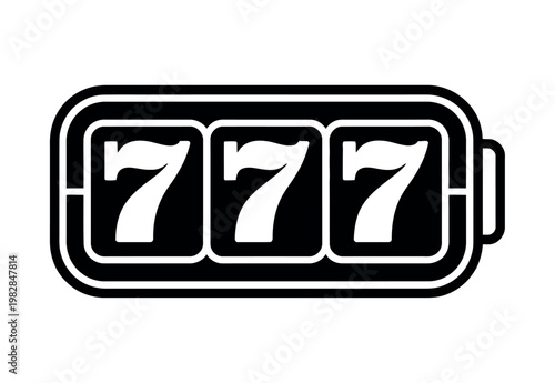 A graphic illustration of a slot machine with three seven numbers on a white background