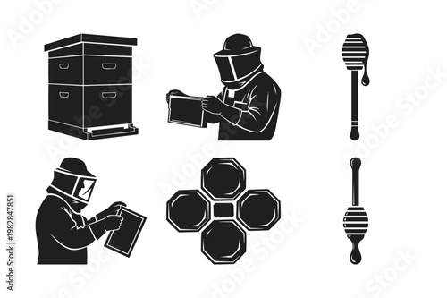 Beekeeping equipment and apiary silhouette set bundle of honey production.