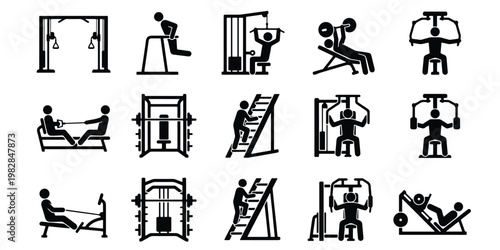 Gym equipment icons set, fitness machine vector silhouettes, 15 workout exercise symbols for bodybuilding and strength training, black minimalist pictograms