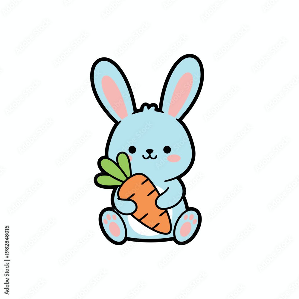 Obraz premium Cute cartoon blue bunny rabbit holding a fresh carrot, adorable Easter animal illustration
