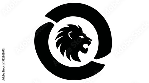 A black and white emblem featuring a lion's head in a circle with segments