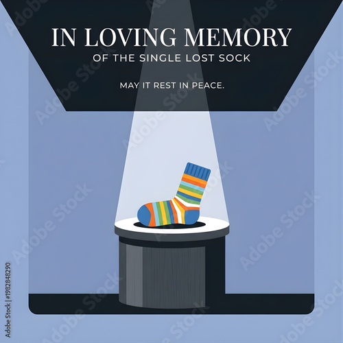 In Loving Memory of the Single Lost Sock Vector Illustration, Funny Laundry Humour Concept, Sad Mismatched Sock in Spotlight, Minimalist Flat Design