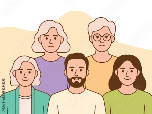 A diverse group of people standing together in a friendly and approachable manner.