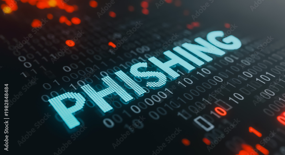 Fototapeta premium Phishing word on binary code background representing cyber security threat and digital hacking attack