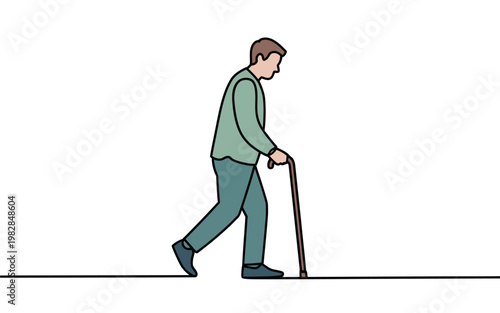 An elderly man walking with a cane on a plain white background