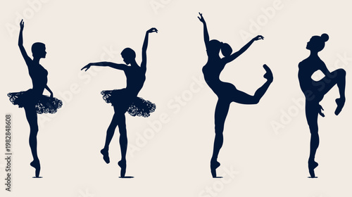 Four silhouetted ballerina poses on a light background. Graceful dance movements depicted