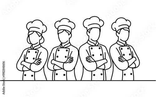 A group of chefs standing together in a line with confident expressions