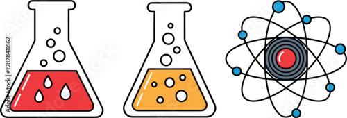 Science and Chemistry Icon Set for Laboratory Equipment, Experimentation, and Atomic Research Concepts