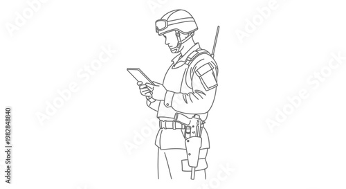 Soldier using tablet computer in tactical gear, military technology, communication