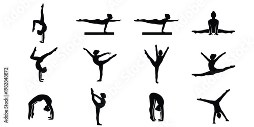 Gymnastics silhouette set with 12 female athlete icons, rhythmic gymnastics poses and acrobatic movements, black vector figures for sports design