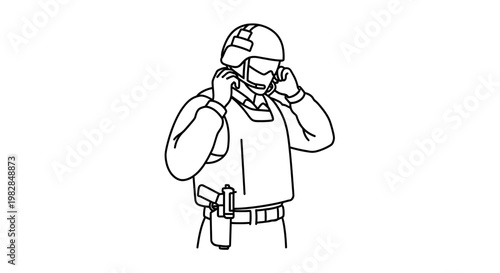 Soldier wearing tactical helmet and vest, adjusting communication gear, gun holster visible