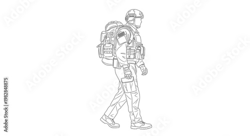 Soldier with Backpack and Tactical Gear Walking, Military Personnel, Combat Ready