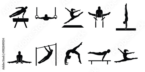 Gymnastics athlete silhouette icons, professional gymnast sport figures set of 10 vectors, artistic gymnastics equipment and poses on white background