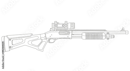 Tactical Shotgun with Scope and Modern Stock - Line Art Illustration