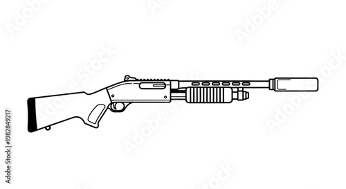 Tactical Shotgun with Suppressor, Line Art Illustration