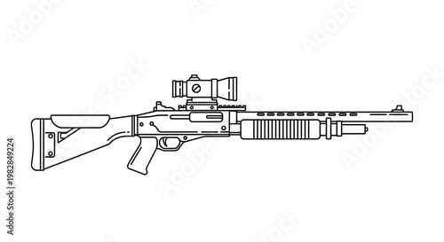 Tactical Shotgun with Red Dot Sight - Line Art Illustration