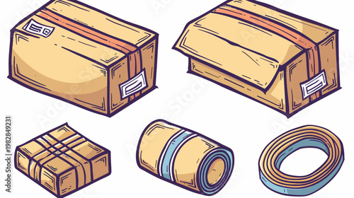 Illustration of packages and wrapping materials, showing various forms and arrangements