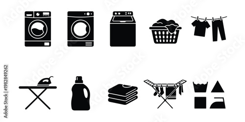 Laundry service icon set with washing machine and dryer, black silhouette laundry day symbols, 10 vector elements for housekeeping and garment care
