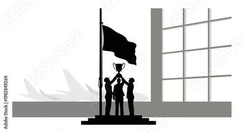Team holding trophy with flag and airplane background, symbolizing achievement and success