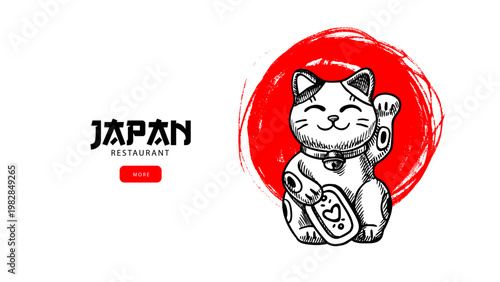 Sketch Maneki neko cat and red sun brush background. Japanese culture symbol. Sushi restaurant logo. Minimal line style. Hand drawn vector isolated illustration.