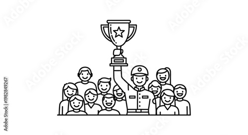 Team celebrating victory with trophy, man in uniform holding award