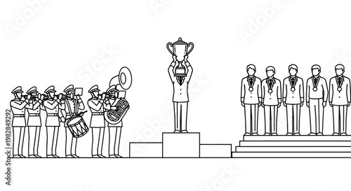 Trophy Ceremony with Marching Band and Winners on Podium