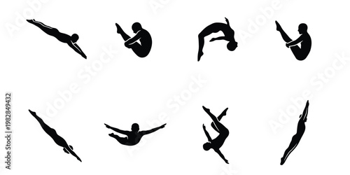Diving athlete silhouettes set, 8 professional swimmer vector icons, competitive high dive and springboard jumping poses, black aquatic sport figures