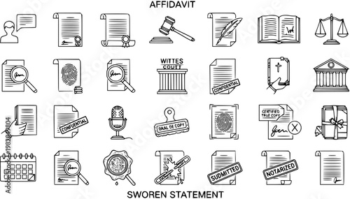 Legal and Law Icons: Affidavit, Sworn Statement, Court, Documents, and Justice Symbols