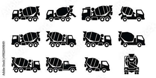 Concrete mixer truck icons set, industrial construction vehicle silhouettes, 12 black cement truck vector symbols for building site logistics