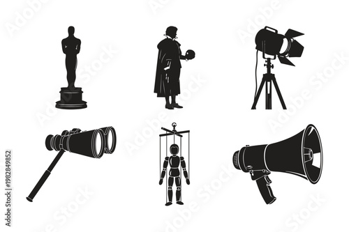 Performing arts and entertainment silhouette set bundle on white background.