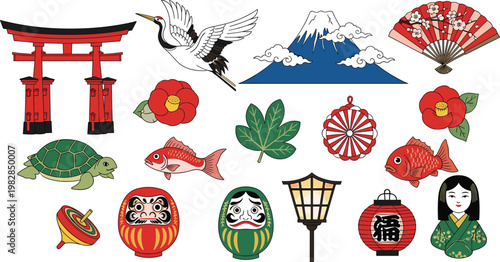 Japanese Culture Icon Set with Traditional Symbols, Nature, and Art for Websites, Apps, Design Projects, and Digital Media