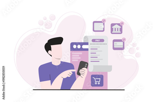 Flat illustration of a man using a smartphone with various payment options like bank, wallet, and card. Concept of flexible payment methods in e-commerce and digital transactions.
