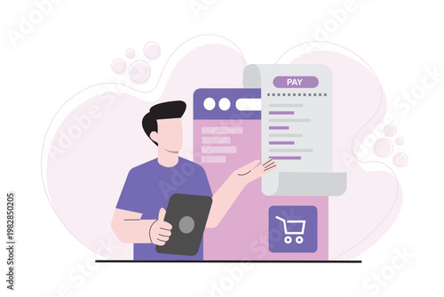 Flat illustration showing a man holding a tablet with a checkout page and receipt. E-commerce payment process with digital invoice and shopping cart interface.