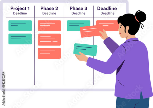 A woman is organizing project deadlines on a board with sticky notes.
