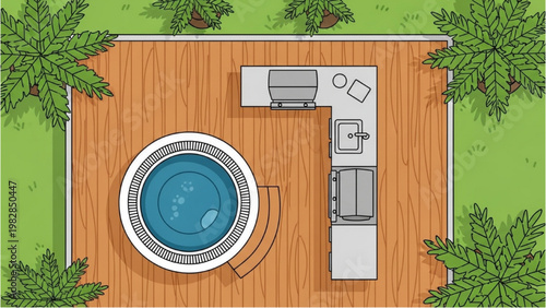 Overhead view of a backyard pool area with vector 2D CAD designed furniture and decking surrounded by trees