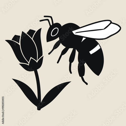 Silhouette of a bee hovering near a stylized tulip flower