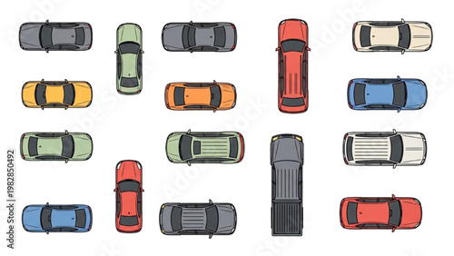 A vector 2D CAD illustration of various cars in a parking lot from a bird's eye view.
