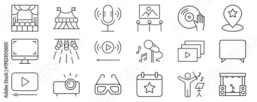 Show icon set. Contain icons related to cinema, entertainment, stage, theater, spotlight, ticket, magician, concert, event, circus and more. Editable stroke. Vector illustration