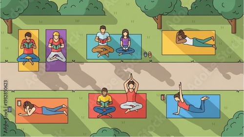 People doing yoga outdoors in a vector 2D CAD illustration of a park