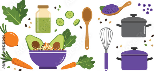 Healthy cooking ingredients and kitchen utensils for preparing nutritious meals with vegetables and cooking pots