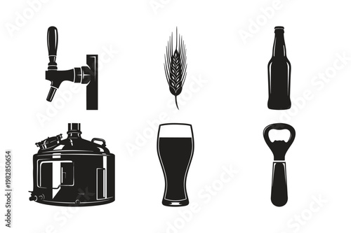 Silhouette set bundle of beer making and drinking objects.