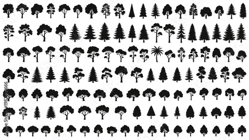 Various vector 2D CAD tree silhouettes in a graphic design