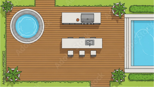 Outdoor vector 2D CAD patio plan with pool and furniture layout