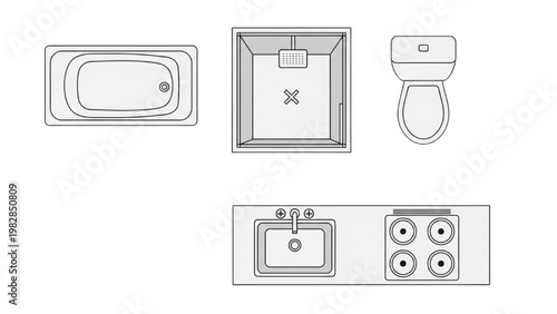 Vector 2D CAD bathroom fixtures include a sink, bathtub, toilet, and shower