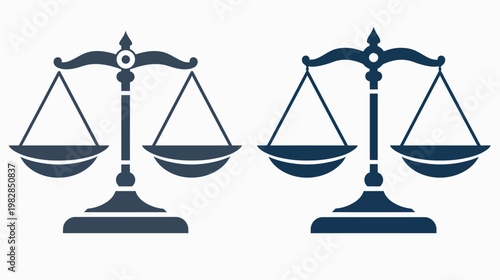 Two blue scale icons set against a white backdrop. Each scale is mirrored, balanced, and upright