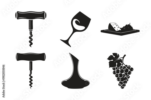 Wine tasting equipment silhouette set bundle alcoholic drink elements.