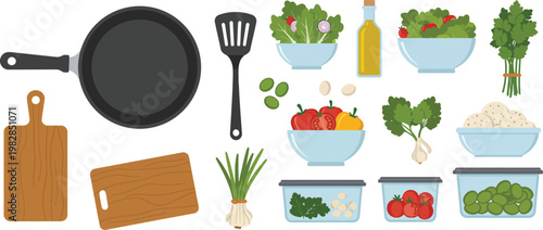 Kitchen cooking ingredients and utensils flat lay with vegetables and healthy food items on white background