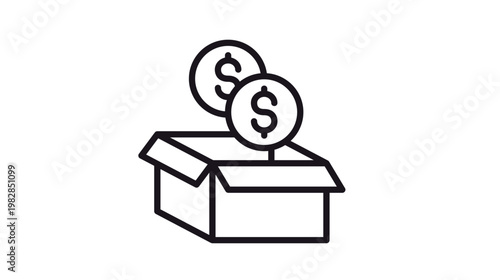 Black vector icon illustration of an open cardboard box with dollar coins floating above it, representing shipping costs, cashback, product value, or donation symbol on white background.