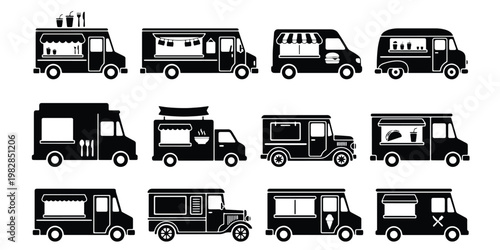 Black food truck icons set, 12 flat vector silhouettes of mobile kitchen vans, street food catering vehicle collection for festival branding
